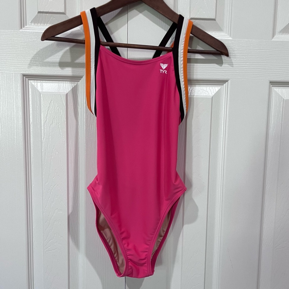 TYR Solid Pink with Stripe Detail One-Piece Sport Swimsuit Size 34